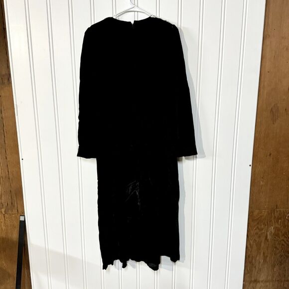 70s Vintage LANG Dress Women Size 14 Black Velvet Maxi Lace Collar Long Sleeve - Picture 8 of 8